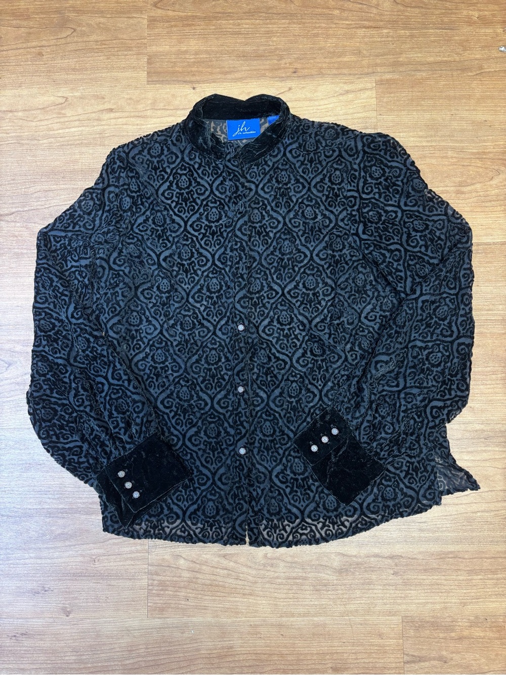 Black Patterned Velvet Button-Up Sheer Long Sleeved Shirt